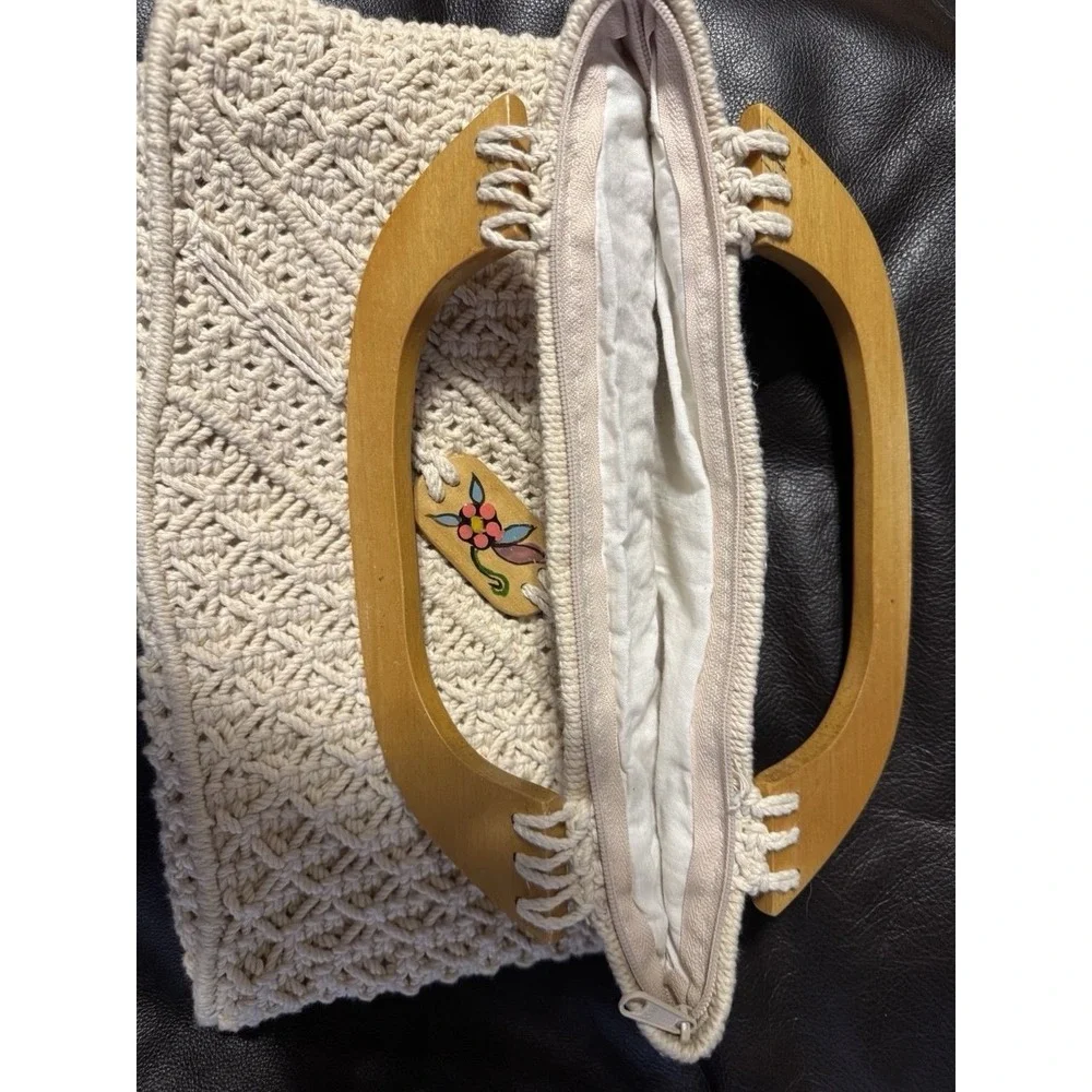 Vintage Macrame‎ Handbag with Painted Wooden Handles – Made in Philippines